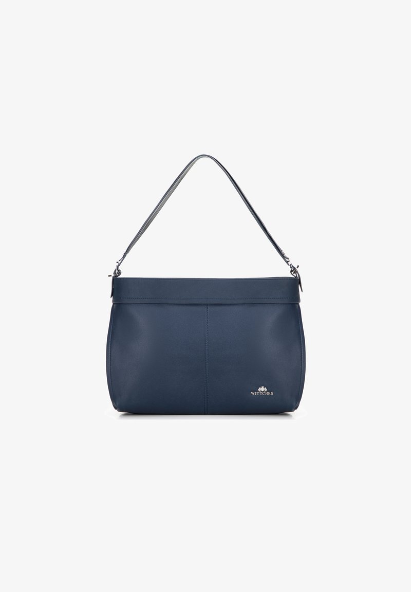 Marineblaue Lederhandtasche mit elegantem Design, ausgestattet mit einem langen Tragegurt, glatter Textur und dezentem Logo-Detail am Boden.