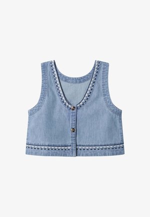 Šviesiai mėlynas džinsinis be rankovių švarkas su apvalia iškirpte, priekyje užsegamas mygtukais, dekoratyvi siuvinėjimo juostele palei apačią ir iškirptę.