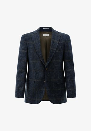 Wollblazer in Dunkelblau mit Karomuster, mit Reverskragen, zwei Fronttaschen und einem einzelnen Knopfverschluss. Gefüttertes Innere.