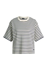 Weißes Kurzarmshirt mit schwarzen horizontalen Streifen, rundem Ausschnitt und kleinem Logo nahe dem unteren Saum auf der linken Seite.