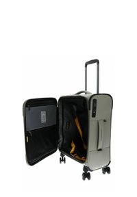 Valigia rigida grigia con doppie ruote, manico estraibile e cinghie gialle all'interno. Presenta una tasca con zip e un organizer.