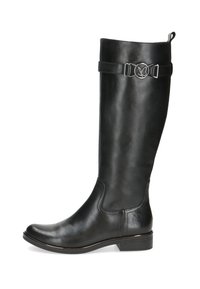 Črne usnjene škornje do kolen z zaobljenim nosom, nizko zloženko in nastavljivim trakom, ki ima na vrhu okrašen krogasti logotip.