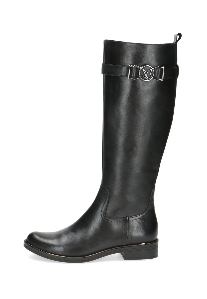 Črne usnjene škornje do kolen z zaobljenim nosom, nizko zloženko in nastavljivim trakom, ki ima na vrhu okrašen krogasti logotip.