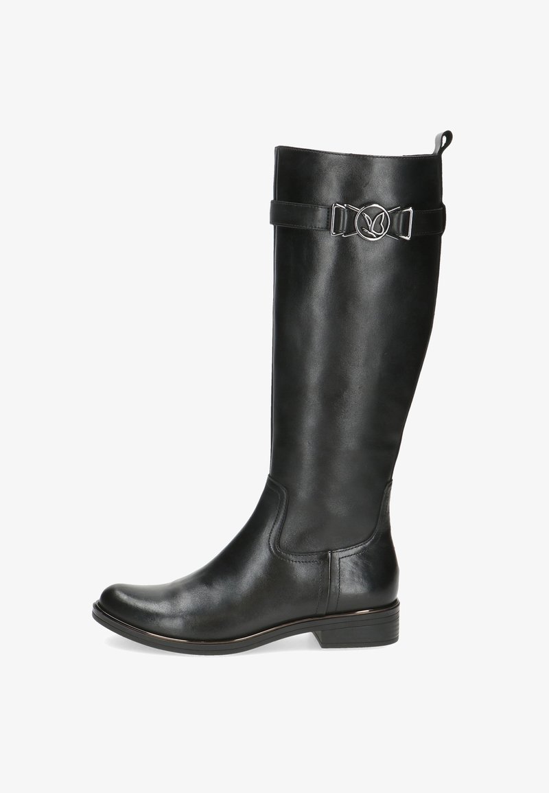 Črne usnjene škornje do kolen z zaobljenim nosom, nizko zloženko in nastavljivim trakom, ki ima na vrhu okrašen krogasti logotip.