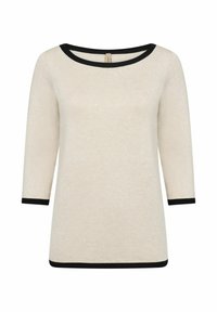 Light beige top with three-quarter sleeves, black neckline and sleeve cuffs. Soft texture, round neckline, simple design.
