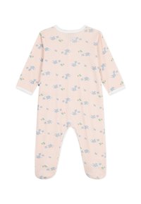 Βρεφικό ολόσωμο φορμάκι από βαμβάκι σε απαλό ροζ με κάθετες ρίγες. Διαθέτει εκτύπωση δεινοσαύρου με μπλε και πράσινες λεπτομέρειες. Μακριά μανίκια και κούμπωμα με πατώντας κουμπιά.