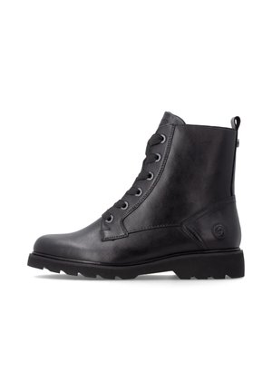 Black leather lace-up ankle boot with rugged sole and pull tab at the back, shown in side profile on a white background.