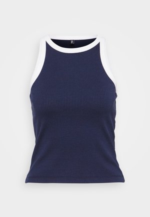 Námořnický žebrovaný tílko s bílým kontrastním lemem kolem krku a průramků. Přiléhavý střih a měkká tkanina s hladkou texturou.
