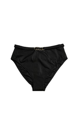 Costume da bagno nero a vita alta realizzato in tessuto morbido, con un logo circolare dorato sul davanti e lati arricciati per un tocco di texture.