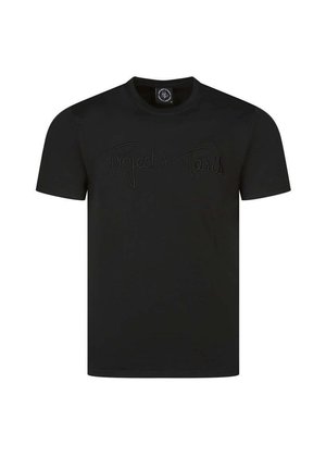 Camiseta de algodón negra con un logotipo bordado tonal "Project x Paris" en el pecho. Mangas cortas y un cuello redondo clásico.
