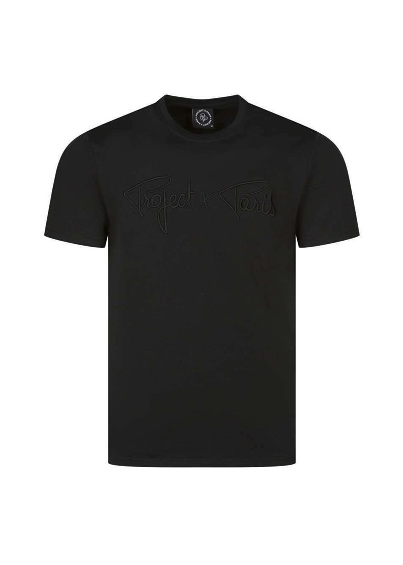 Camiseta de algodón negra con un logotipo bordado tonal "Project x Paris" en el pecho. Mangas cortas y un cuello redondo clásico.