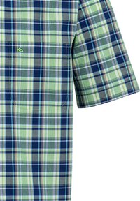 Camicia a maniche corte a quadri con tonalità verdi e blu, in cotone, con taschino sul petto e logo ricamato. Motivo a scacchi testurizzato.