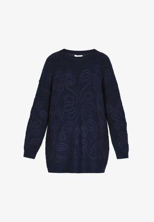 Mornarica pulover sa slobodnim krojem, s intrikatnim tamnim cvjetnim vezom, rebrastim manžetama i okruglim izrezom. Izrađen od mekog, teksturiranog materijala.