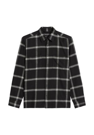 Schwarzes karierter Hemd mit weißen Überprüfungen, Button-Down-Kragen, langen Ärmeln, zwei Brusttaschen und einer weichen Baumwolltextur.