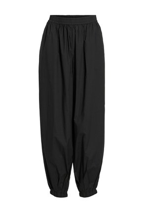 Pantalon noir à coupe décontractée en matière légère, doté d'une taille élastique et de poignets resserrés aux chevilles. Aucun motif visible.