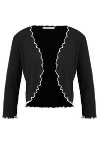 Svart ribbad kavaj med en vågig framtill med vit kant, långa ärmar och öppen design. Mjuk textur och figurnära passform.