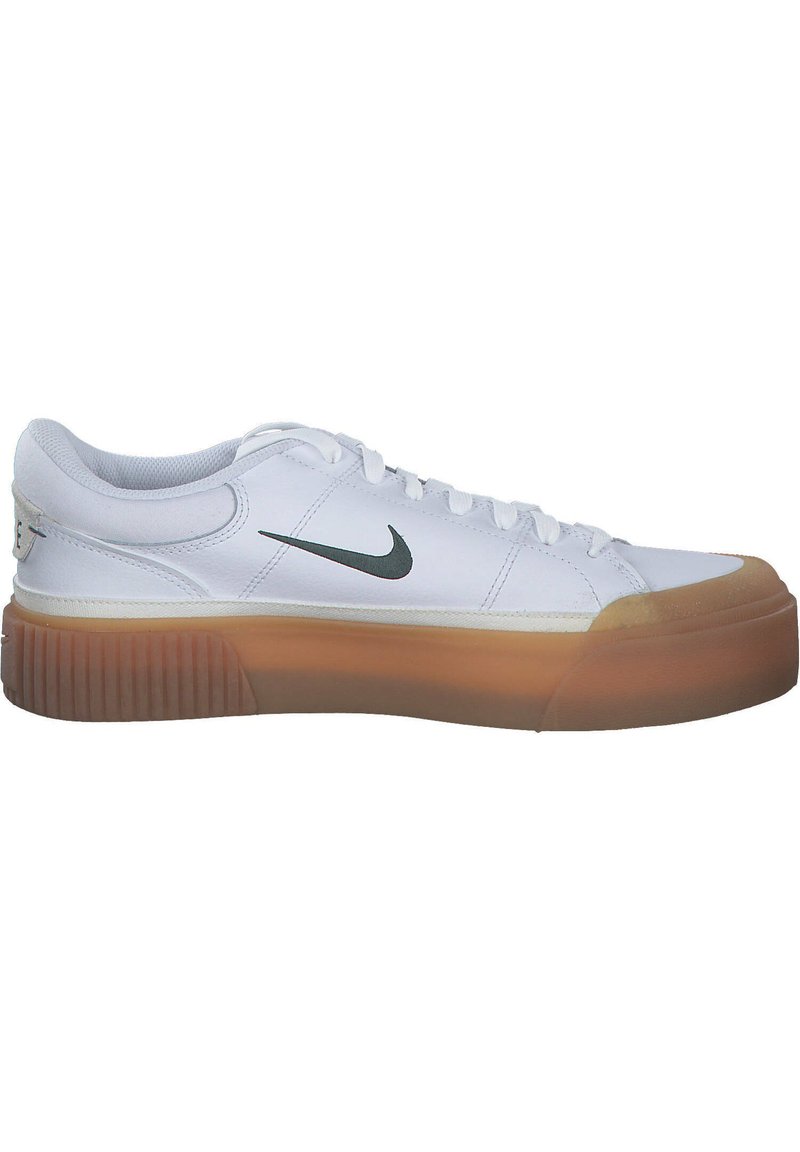 Zapatilla blanca con una suela de goma texturizada, que presenta el logo de Nike en color verde, puntera redonda y cuello acolchado.