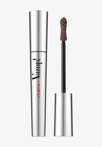 Mascara Pupa Vamp! w srebrnej tubce z czerwonym napisem, z czarną szczoteczką aplikatora o teksturowanej końcówce z włosia.