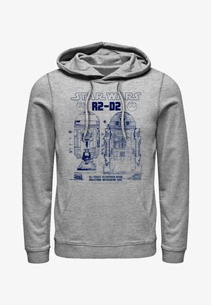 Sweatshirt gris avec un imprimé graphique bleu du droïde R2-D2, accompagné du texte "STAR WARS R2-D2" et de détails schématiques, capuche avec cordon de serrage et poche avant.