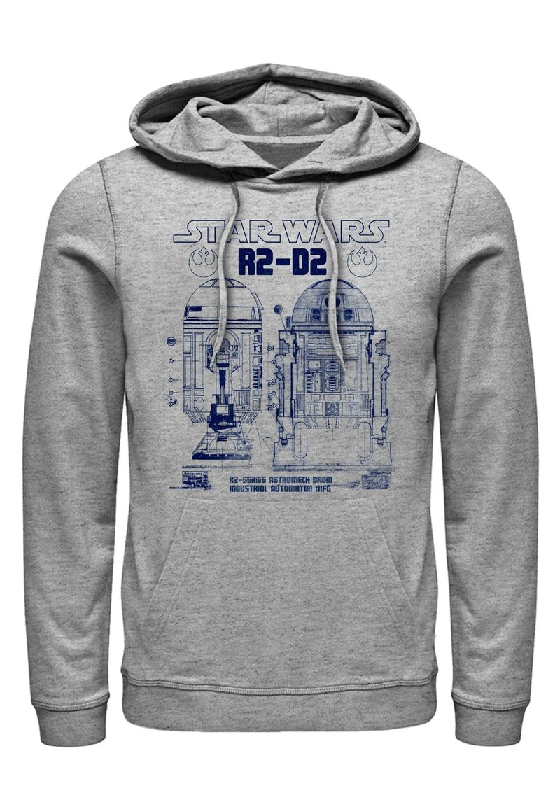Felpa grigia con una stampa grafica blu del droide R2-D2 e il testo "STAR WARS R2-D2", dettagli schematici, cappuccio con cordino e tasca frontale.