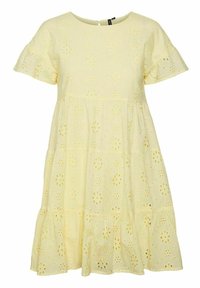 Geel katoenen jurk met een ronde hals, korte gerimpelde mouwen, een gelaagd ontwerp en bloemrijke ajourborduursels over de hele jurk.