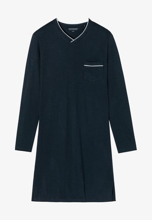 Navy blue long-sleeve nightgown made of soft fabric, featuring a V-neck, a chest pocket, and subtle white trim along the neckline.