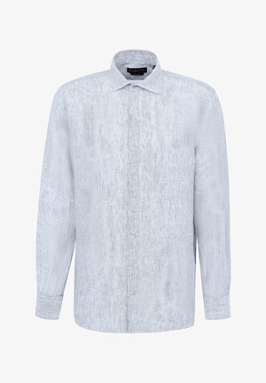 Helles blaues Button-up-Hemd mit langen Ärmeln, einem spitzen Kragen und einem strukturierten Stoff; verfügt über sieben Knöpfe auf der Vorderseite und Knopfmanschetten.