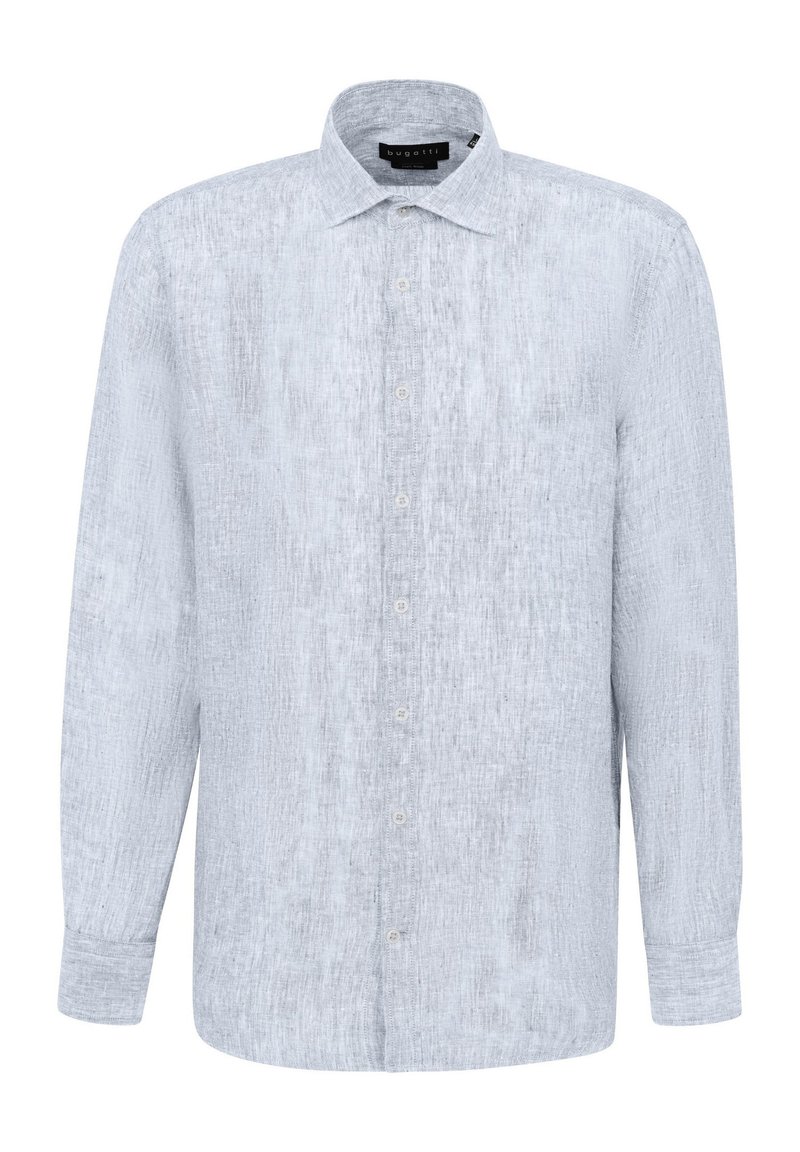 Helles blaues Button-up-Hemd mit langen Ärmeln, einem spitzen Kragen und einem strukturierten Stoff; verfügt über sieben Knöpfe auf der Vorderseite und Knopfmanschetten.