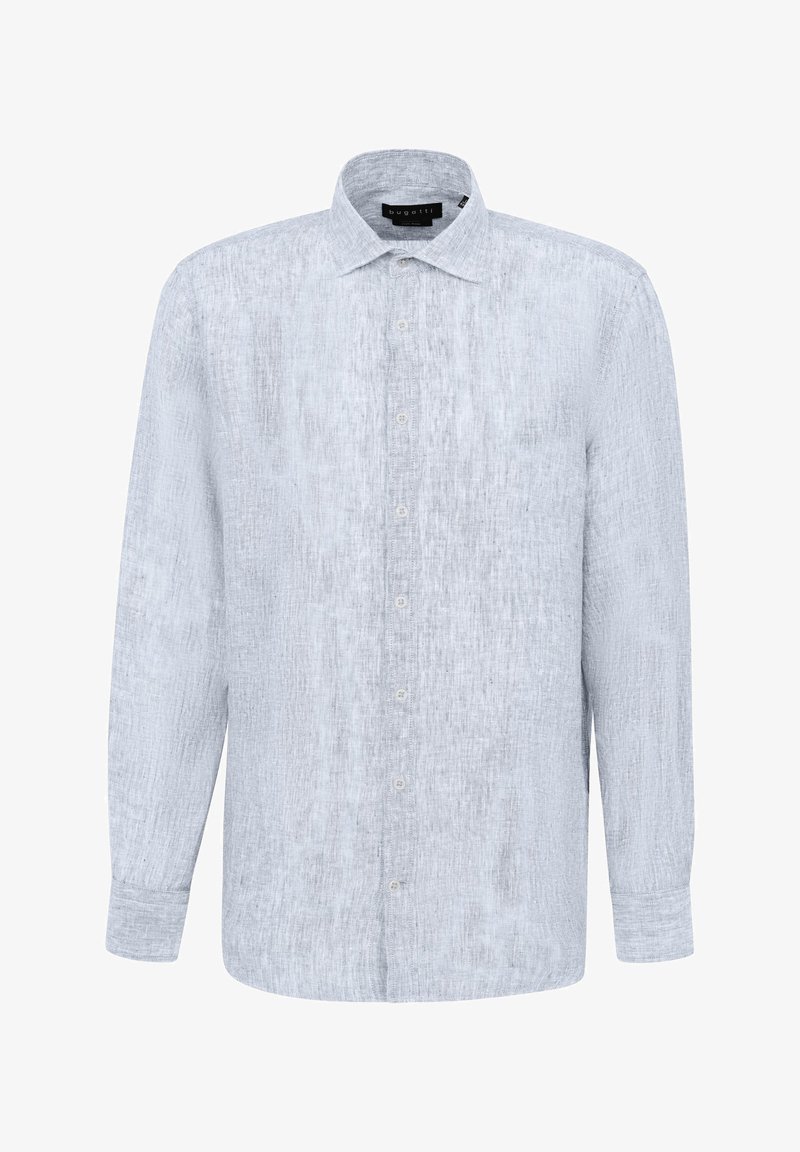 Helles blaues Button-up-Hemd mit langen Ärmeln, einem spitzen Kragen und einem strukturierten Stoff; verfügt über sieben Knöpfe auf der Vorderseite und Knopfmanschetten.