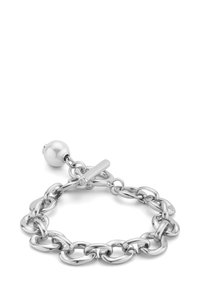 Pulsera de cadena de plata con eslabones ovalados y redondos enlazados, que presenta un charm esférico y un cierre tipo toggle. Acabado metálico suave.