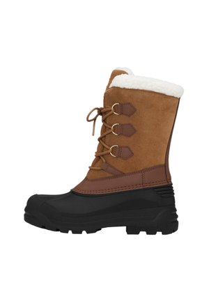 Brown suede boot with a white fur trim, black rubber sole, and gold-toned eyelets. Features front lacing and a textured surface.