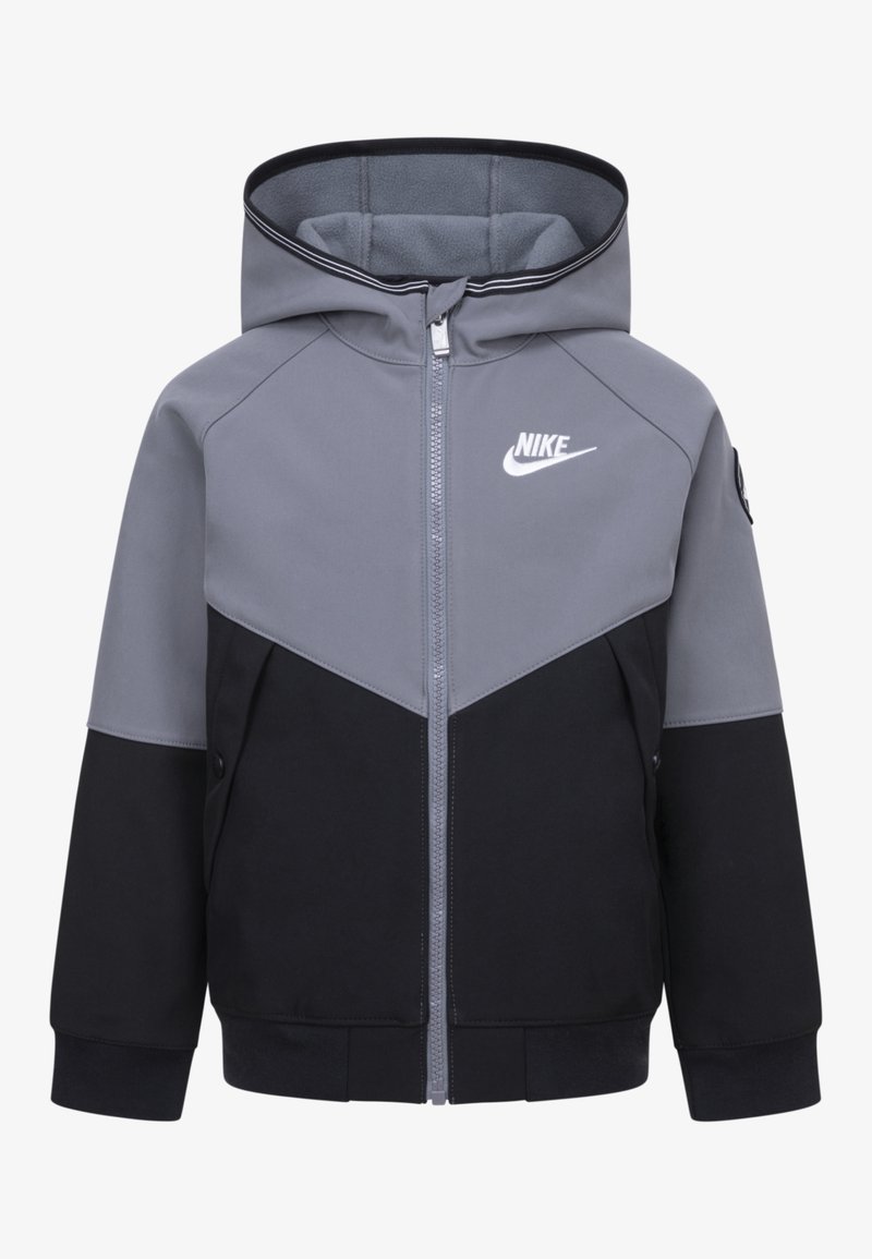 Grijze en zwarte zip-up hoodie met een contrastontwerp, voorzien van een Nike-logo, zijzakken en elastische manchetten. Zacht materiaal met een capuchon.