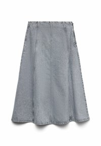 Hallide denim seelik, millel on laienev disain, eristuvad õmblused ja elastne talje. Nähtavaid taskuid ega kaunistusi ei ole.