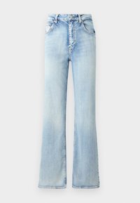 Light blue flared jeans made of denim. Features a high waist, five-pocket design, and visible stitching along the seams.