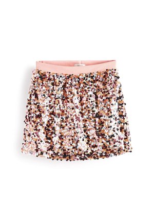 Pink mini nederdel dækket af flerfarvede skinnende pailletter med en blød pink elastisk talje.