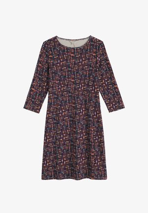 Vestito fantasia con scollo rotondo, maniche lunghe e gonna a campana. Design a griglia multicolore su sfondo scuro. Tessuto morbido.