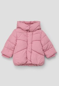 Różowa ocieplana kurtka zimowa z kapturem, z diagonalnym pikowaniem, elastycznymi mankietami i zapięciem na guzik pod szyją. Miękka w dotyku.