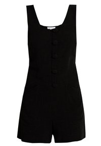 Black linen playsuit with a square neckline, six front buttons, and two side pockets. The fabric has a subtle texture.