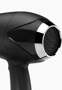 Black handheld hairdryer with chrome air intake grill and ergonomic handle shown on white background.