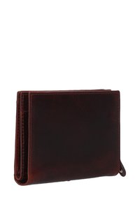 Brunt læderpung med glat tekstur, bi-fold design, afrundede kanter og en lille lynlåsdetaile på siden.