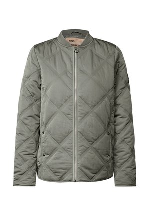 Light gray quilted jacket with diamond stitching, silver front zipper, side snap pockets, and ribbed collar.