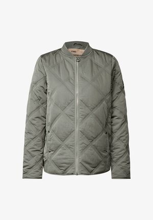 Veste matelassée gris clair avec un motif en losanges, fermeture éclair argentée à l'avant, poches latérales à pression et col côtelé.