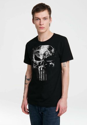 Sort bomulds t-shirt med et stort hvidt kraniumgrafik på forsiden, rund halsudskæring, korte ærmer og en regular fit.