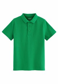 Zelená polo košile vyrobená z bavlny, s límečkem, krátkými rukávy a légou se třemi knoflíky, hladký povrch a bez vzorů.