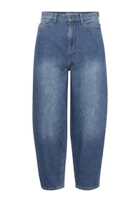 Jeans in denim azzurro chiaro con vestibilità comoda, vita alta e gambe dritte. Presentano tasche anteriori e chiusura con bottone standard.
