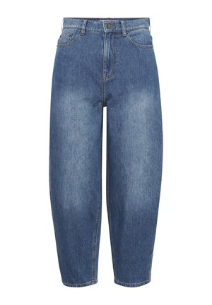 Jeans in denim azzurro chiaro con vestibilità comoda, vita alta e gambe dritte. Presentano tasche anteriori e chiusura con bottone standard.