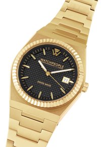 Reloj dorado con una esfera negra texturizada, marcadores horarios elevados y pantalla de fecha. Cuenta con una pulsera de eslabones con un acabado pulido.