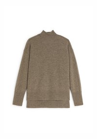 Brauner Strickpullover mit hohem Kragen, überschnittenen Schultern und gerippten Säumen. Hat eine weiche Textur und eine lockere Passform.