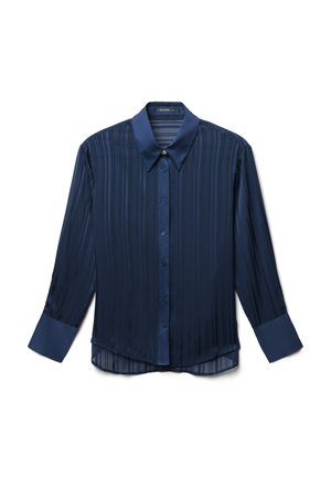 Camicia a maniche lunghe blu navy con colletto a button-down, caratterizzata da strisce verticali, tessuto liscio e un orlo leggermente curvo.