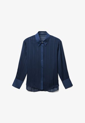 Camicia a maniche lunghe blu navy con colletto a button-down, caratterizzata da strisce verticali, tessuto liscio e un orlo leggermente curvo.